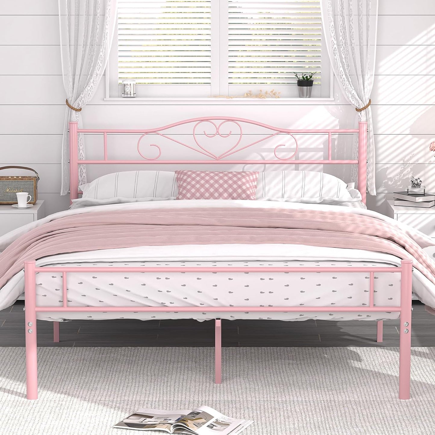 VECELO 14 Inch Queen Size Metal Platform Bed Frame in Pink