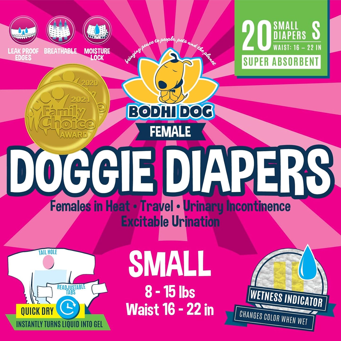 Bodhi Dog Female Dog Diapers - Super Absorbent Pee Wraps - Small (20 Count)