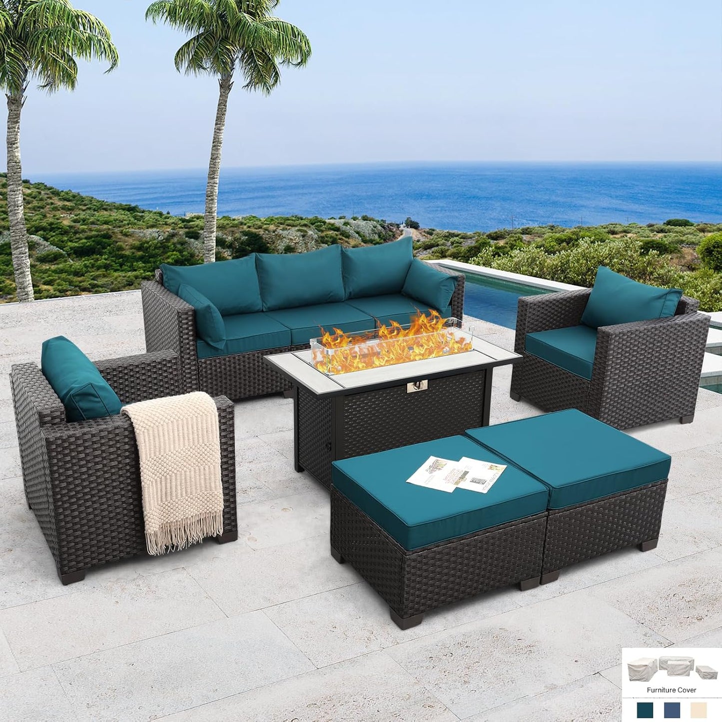 Patio Furniture Set 6-Piece Outdoor Wicker Sofa with Fire Pit