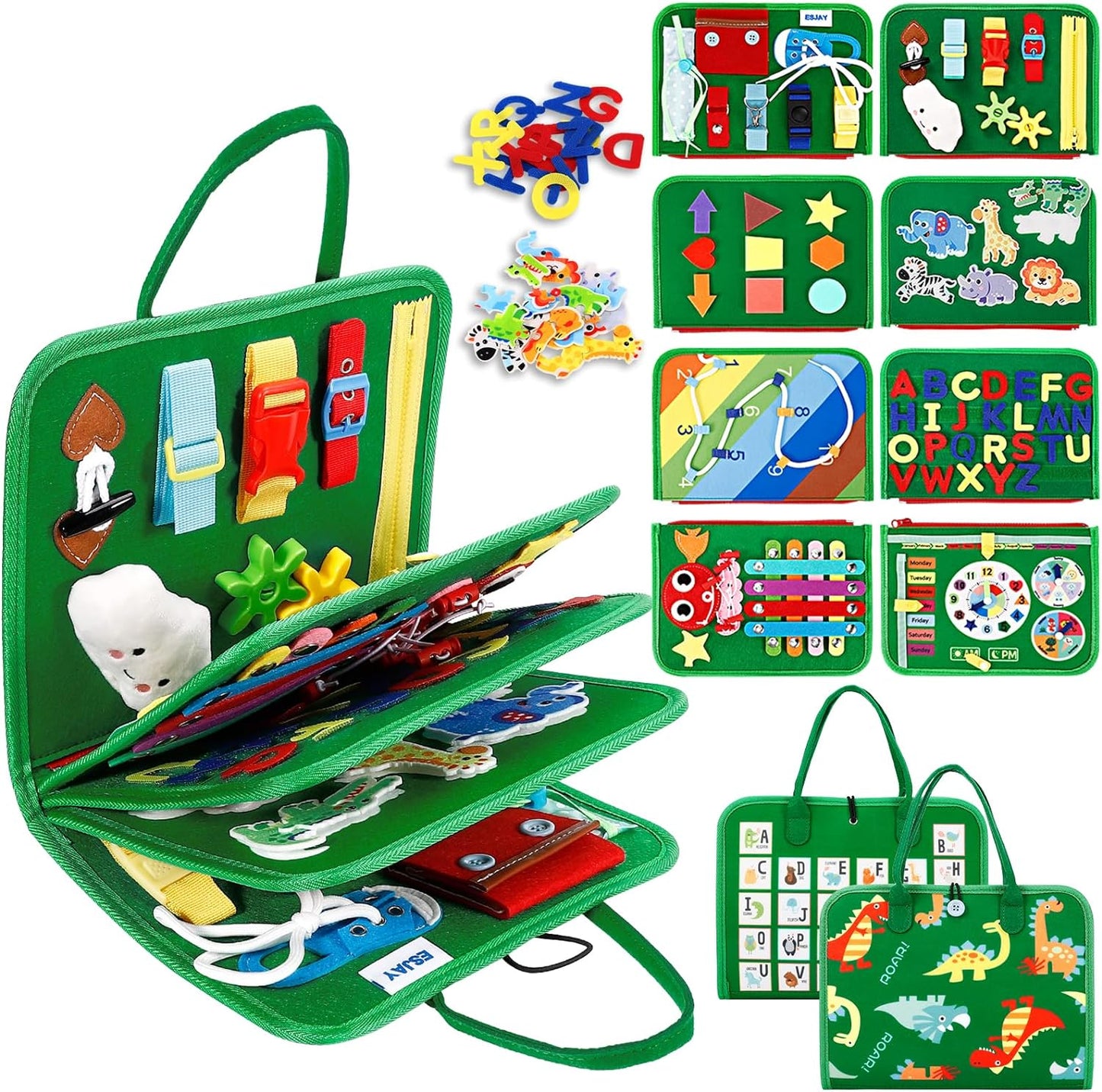 Esjay Montessori Busy Board: Fine Motor Skills Learning, Green Dinosaur