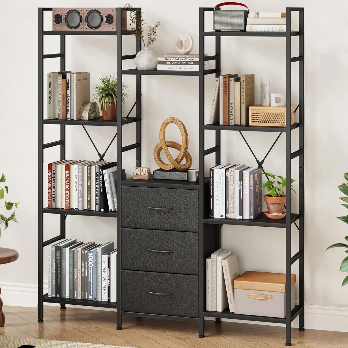 Triple Bookshelf with 3 Fabric Drawers for Home & Office