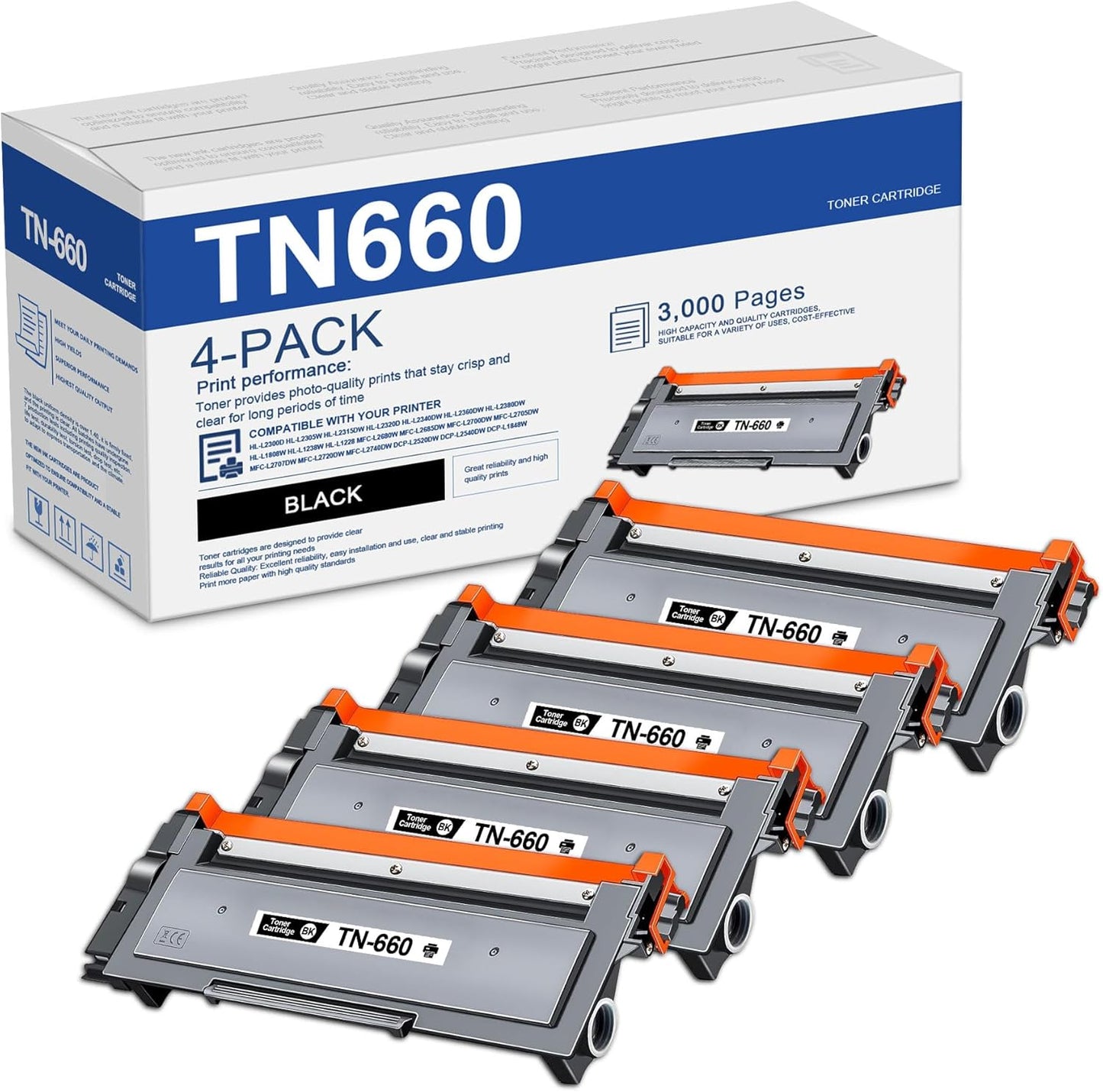 TN660 Toner Cartridge Replacement for Brother Printers - 4 Pack