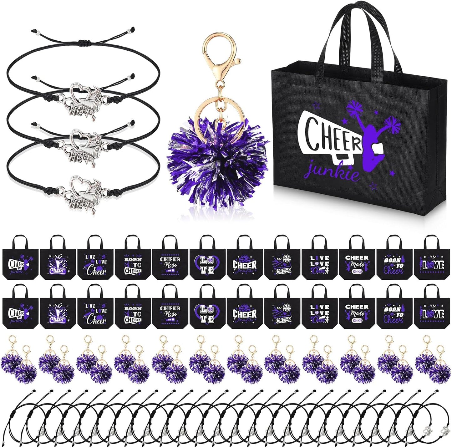 72 Pcs Cheerleading Gifts Set with Bags, Keychains, and Bracelets