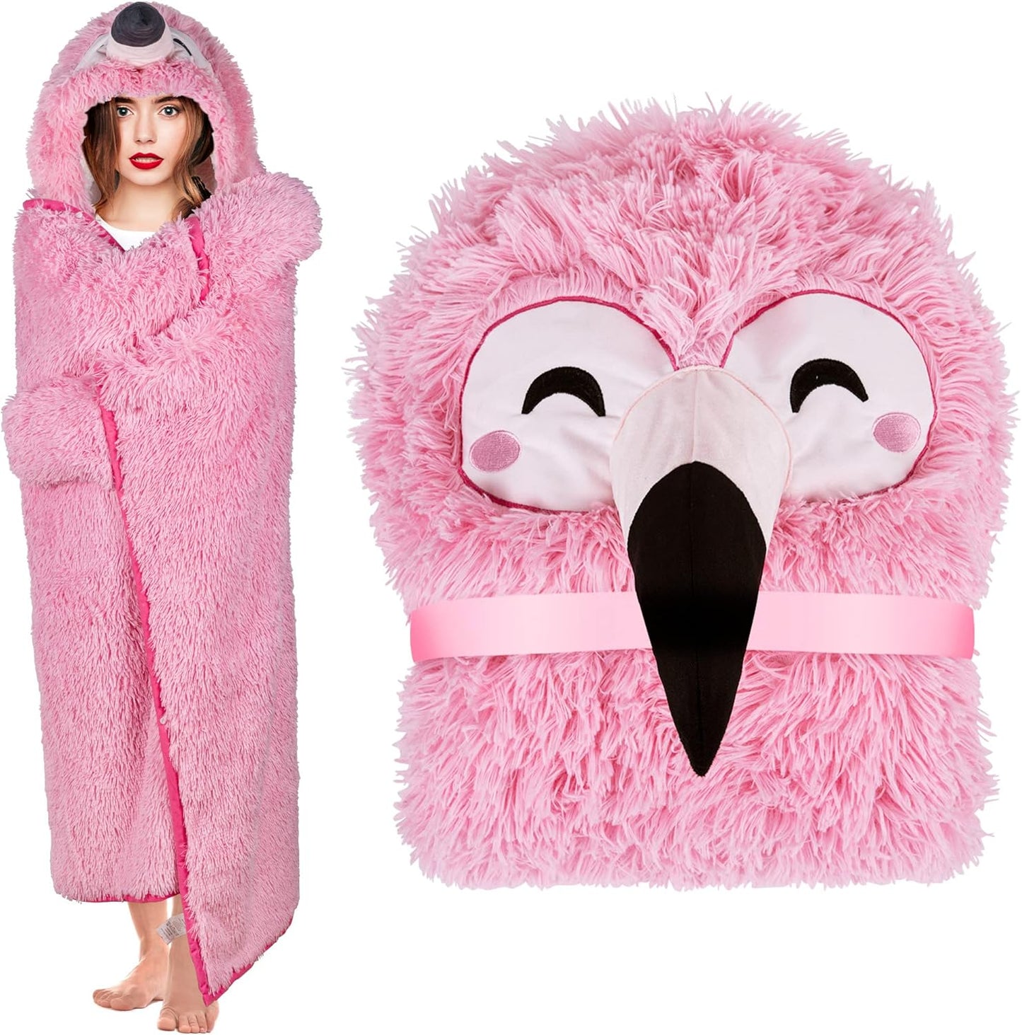 Flamingo Wearable Hooded Blanket - Cozy Plush Fleece Cloak