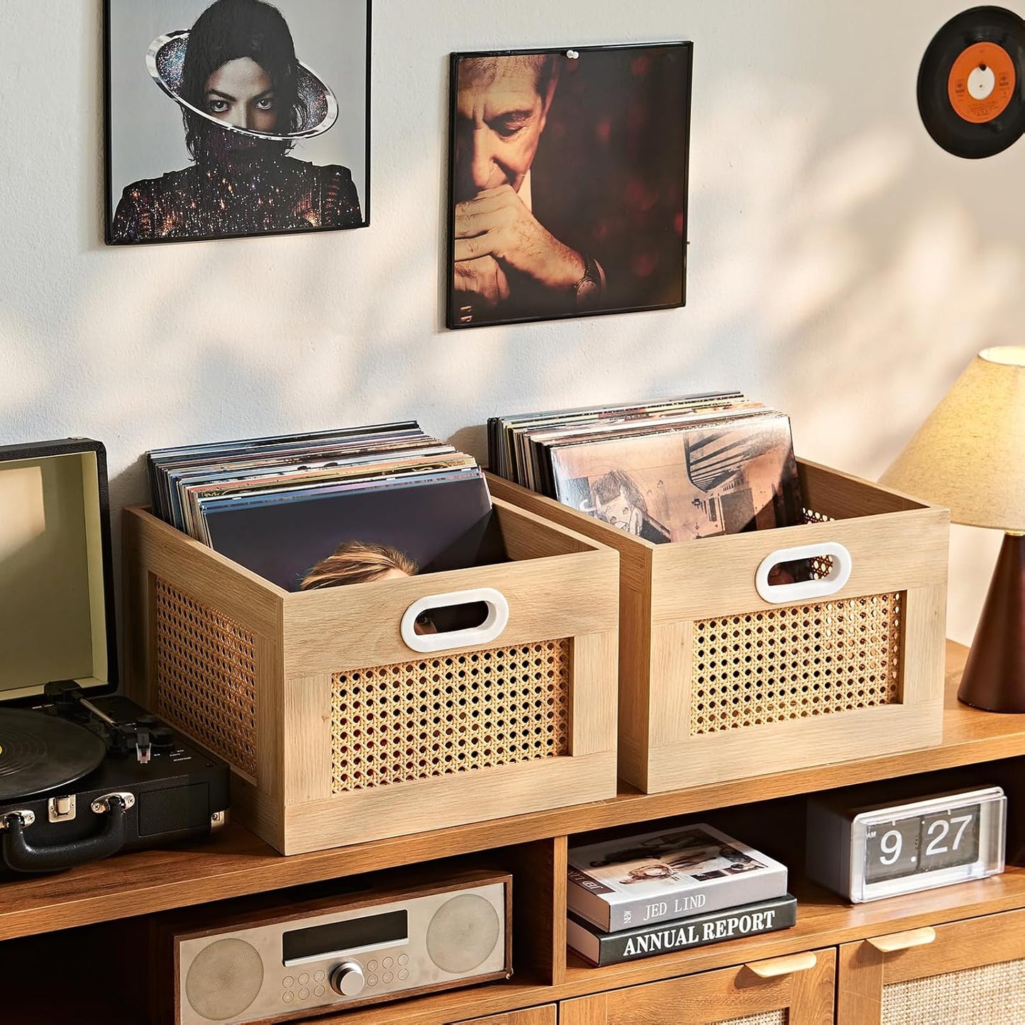 Stylish Rattan Vinyl Record Storage Crate for 150 LPs