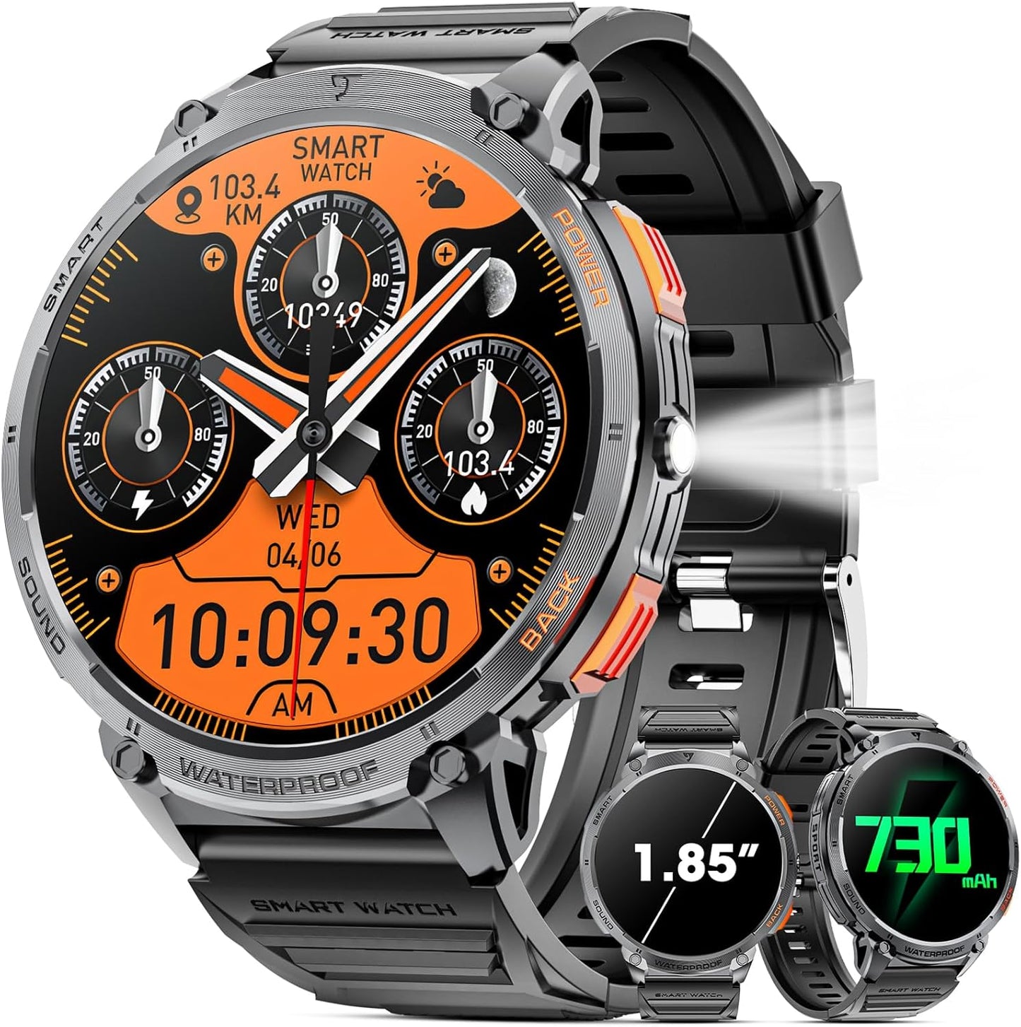 Military Smartwatch: HD Touch Screen, LED Flashlight, Fitness Tracker