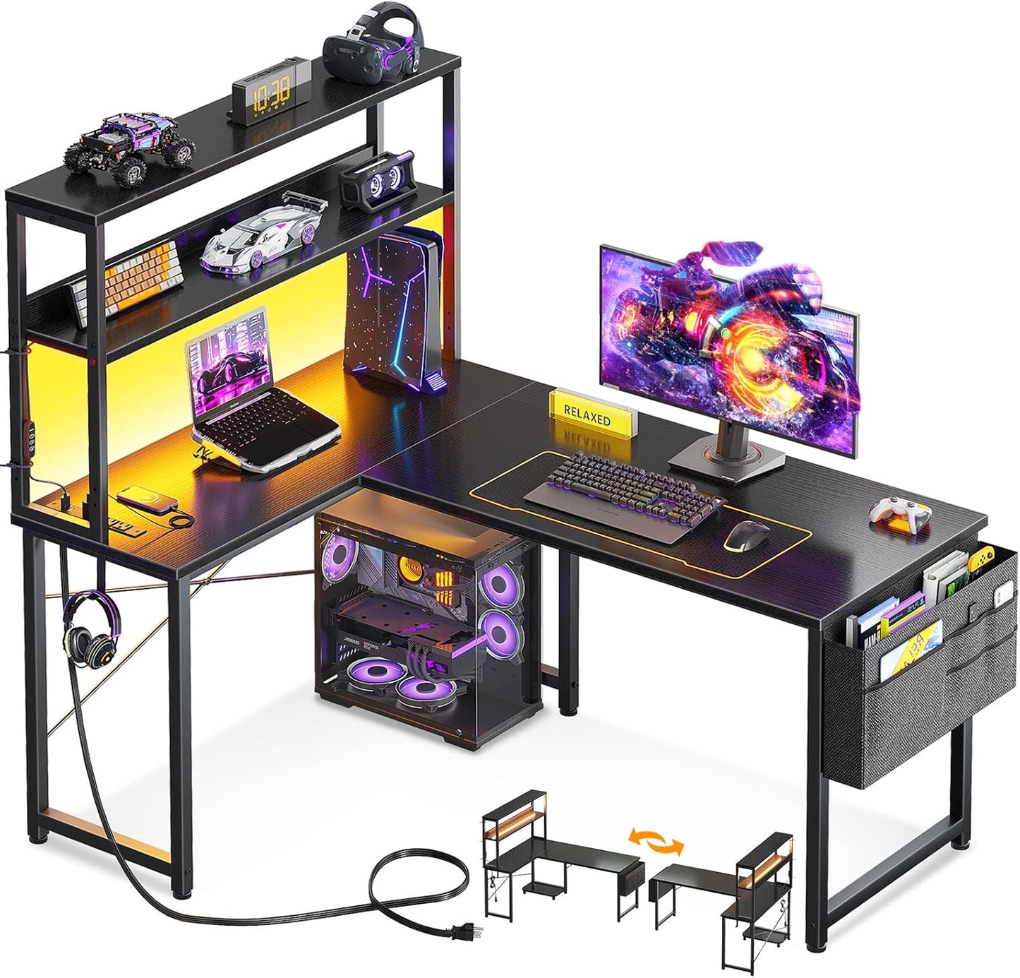 ODK 43 Inch L Shaped Desk with LED Lighting for Home Office