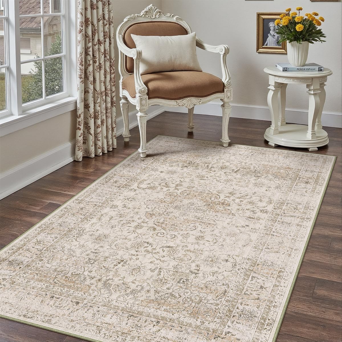 3x5 Washable Beige Area Rug for Vintage Entryway and Office
