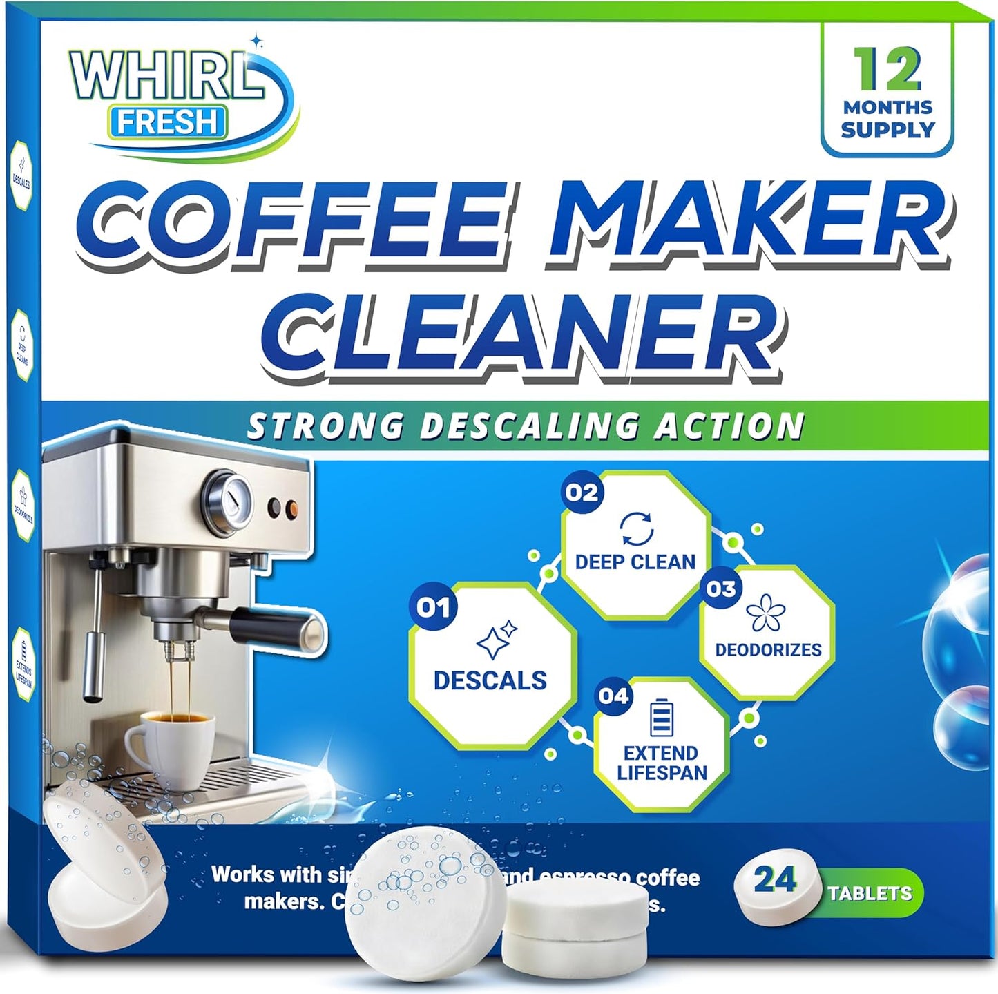 Whirl Fresh Coffee Descaler Tabs - All Brands!