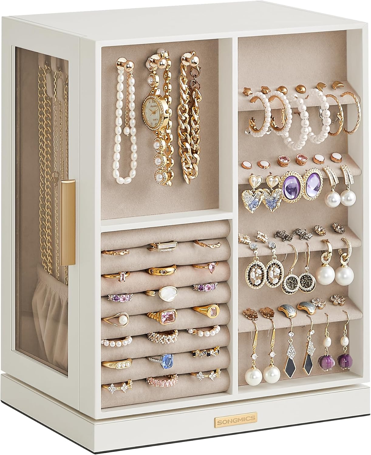 360 Rotating Jewelry Box with 5 Drawers and Glass Window
