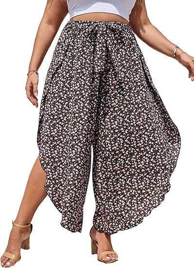 MakeMeChic Women's Plus Size Floral High Waist Wide Leg Pants