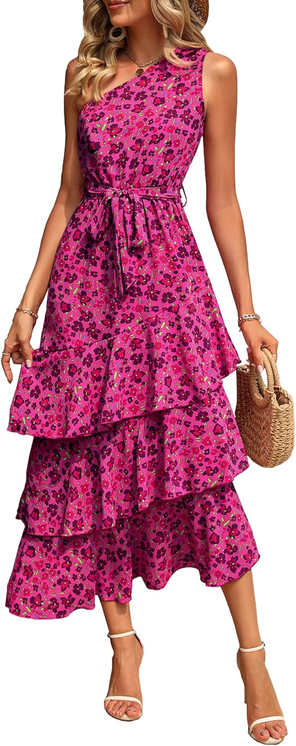 PRETTYGARDEN Women's Summer Floral Sundress One Shoulder Midi