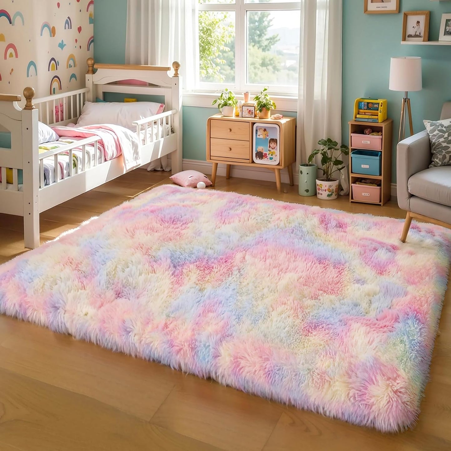Thick Area Rug 5x7 Rainbow Fluffy Shag for Cozy Spaces