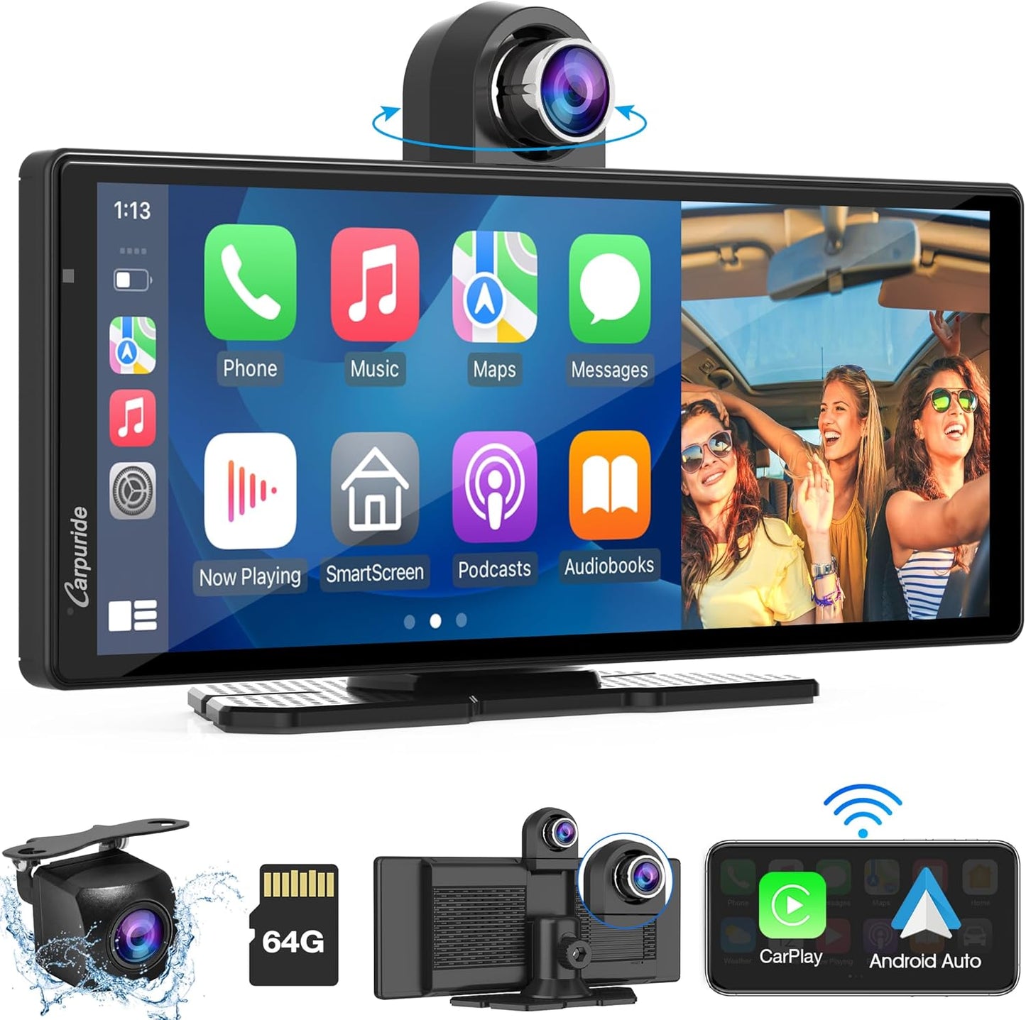 2025 CARPURIDE W903 Portable Carplay & Android Auto with Dash Cam