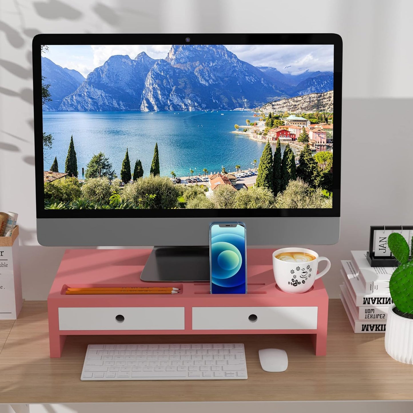Monitor Stand Riser with Drawer - Pink & White Desktop Organizer