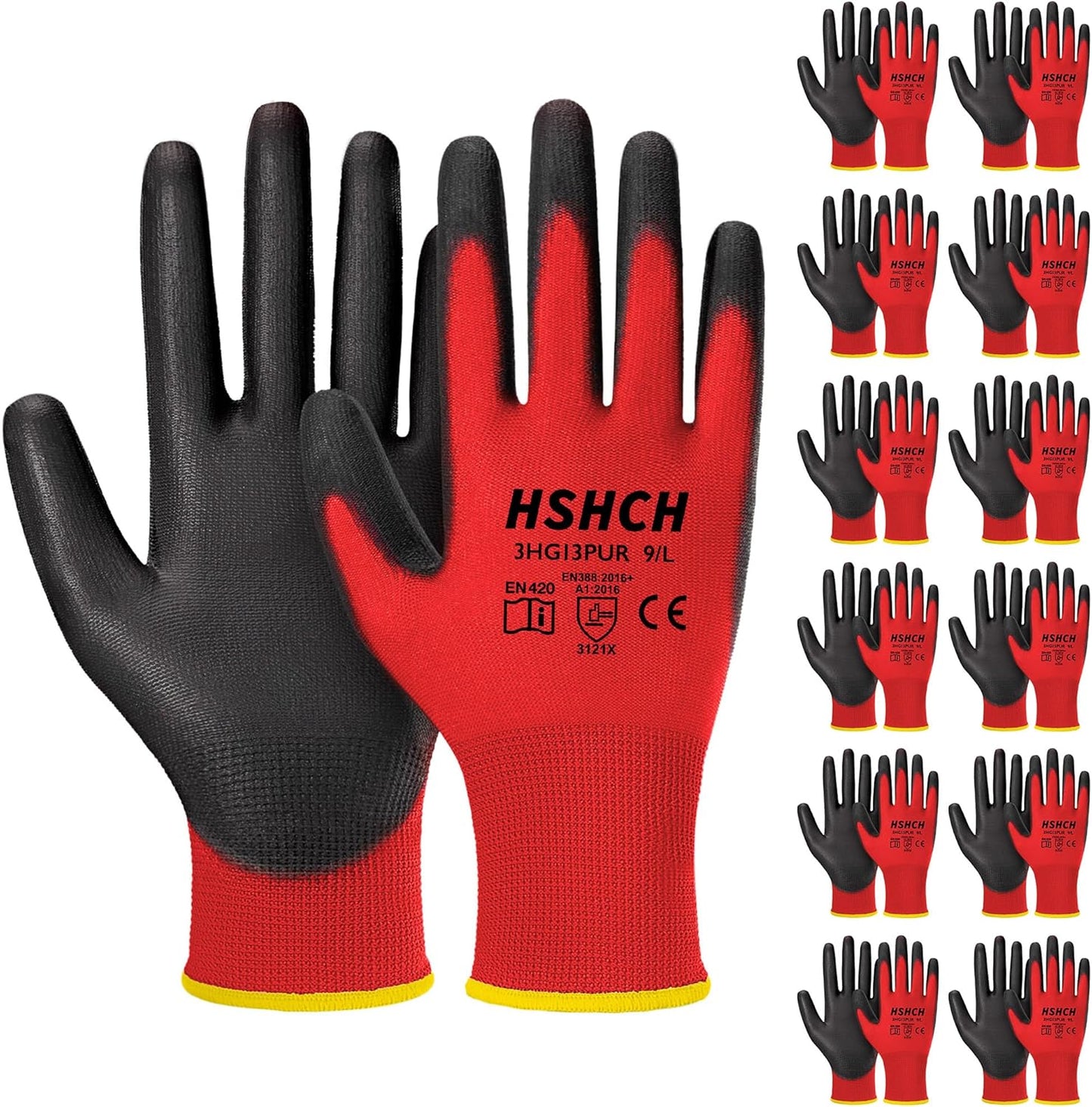 Flexible & Durable PU Coated Safety Work Gloves - 12 Pairs