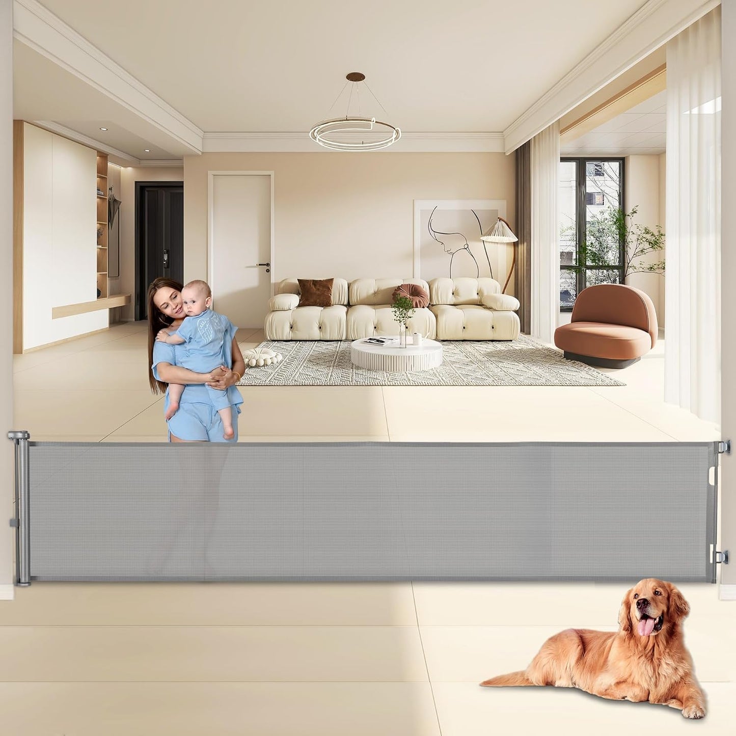 140 Inch Retractable Baby Gate for Large Openings and Pets