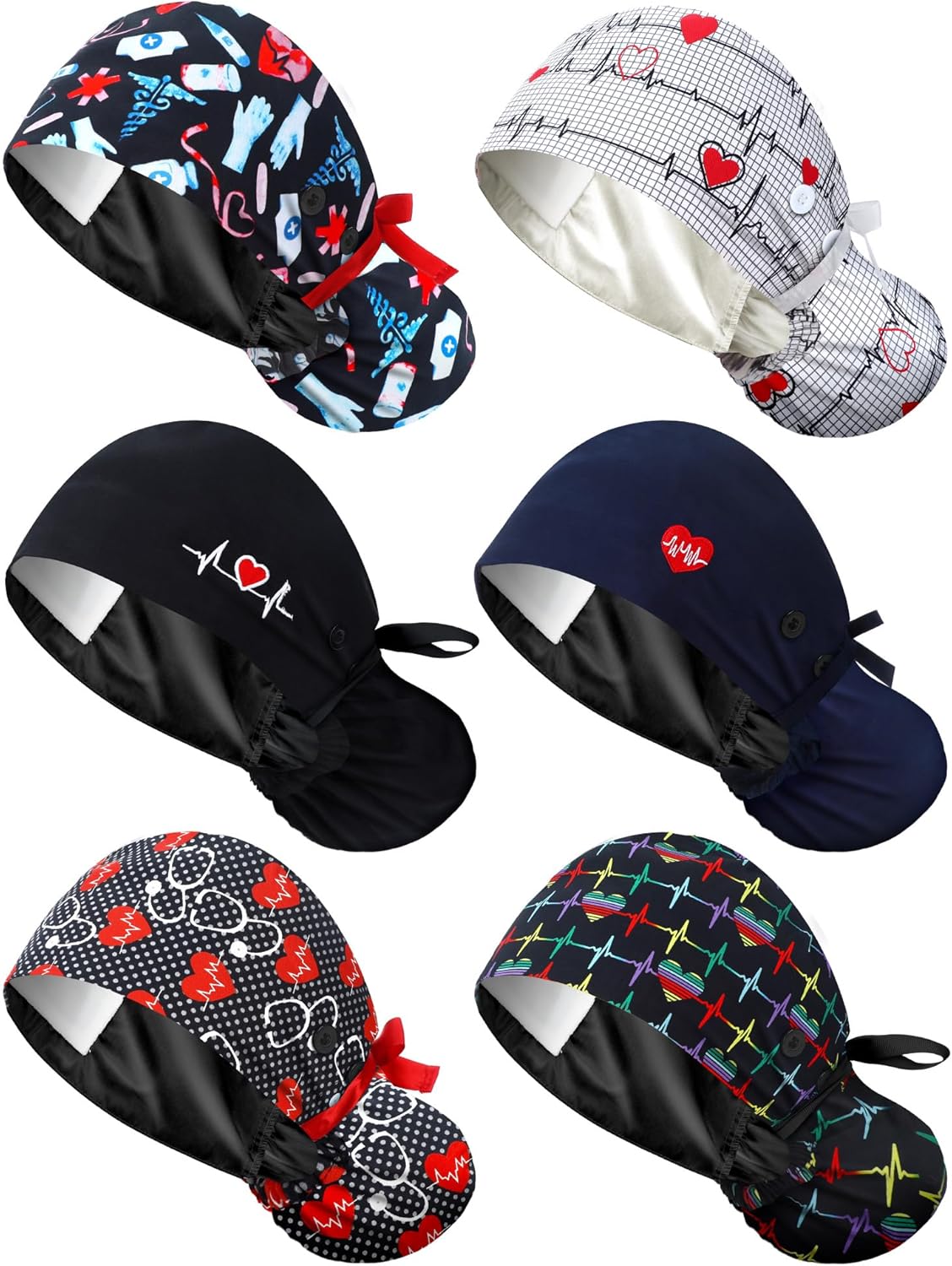 6 Pcs Satin Lined Scrub Caps for Women Nurse Surgical Hats