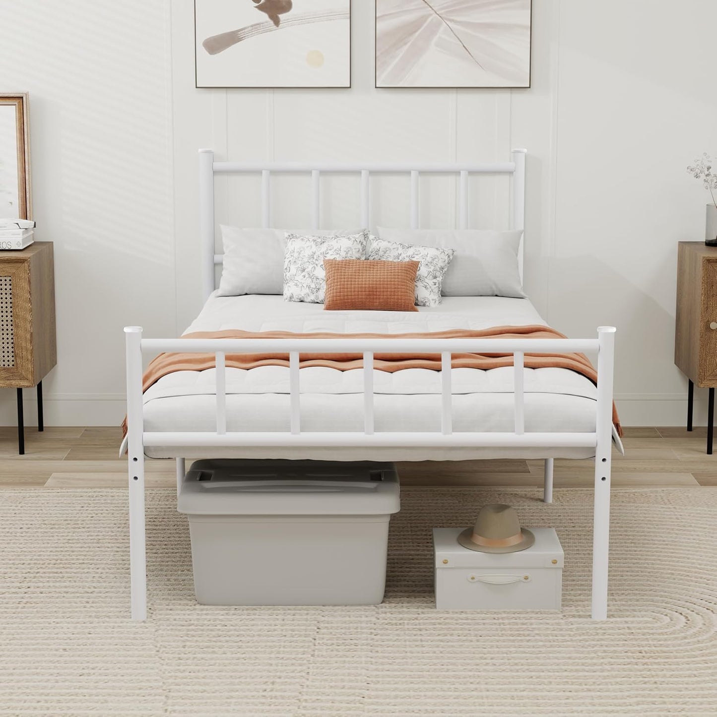 Sturdy Metal Platform Twin Bed Frame with Headboard and Storage