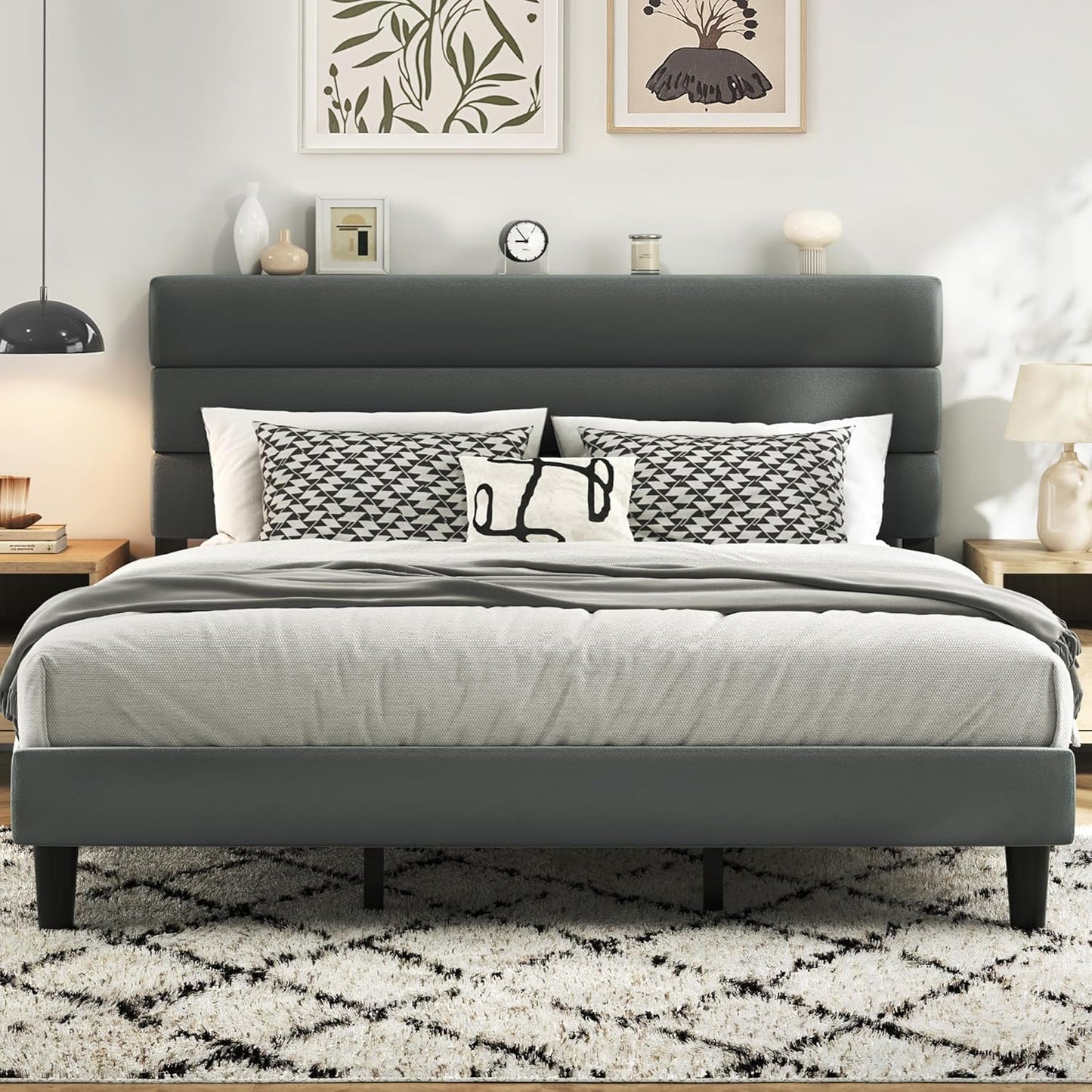 King Size Bed Frame with Velvet Upholstered Headboard for Comfort
