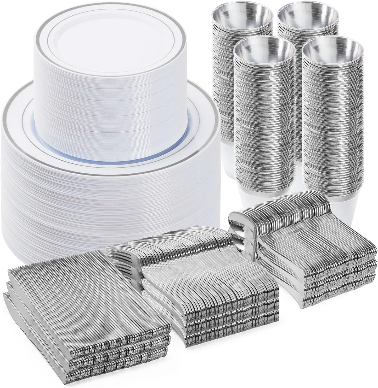 600PCS Silver Dinnerware Set for 100 Guests - Elegant Plastic Plates