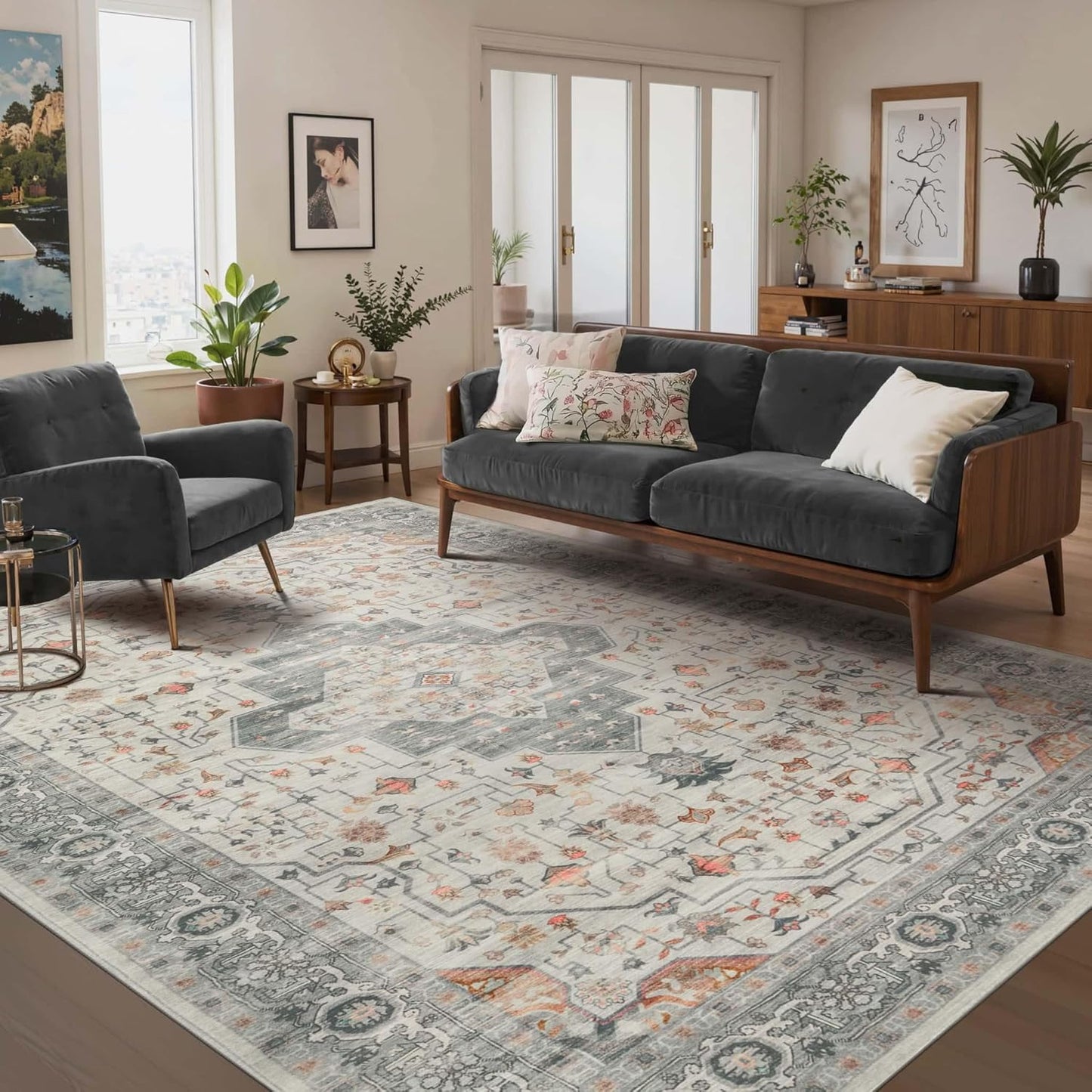 6x9 Washable Area Rug for Living Room - Vintage Boho Taupe