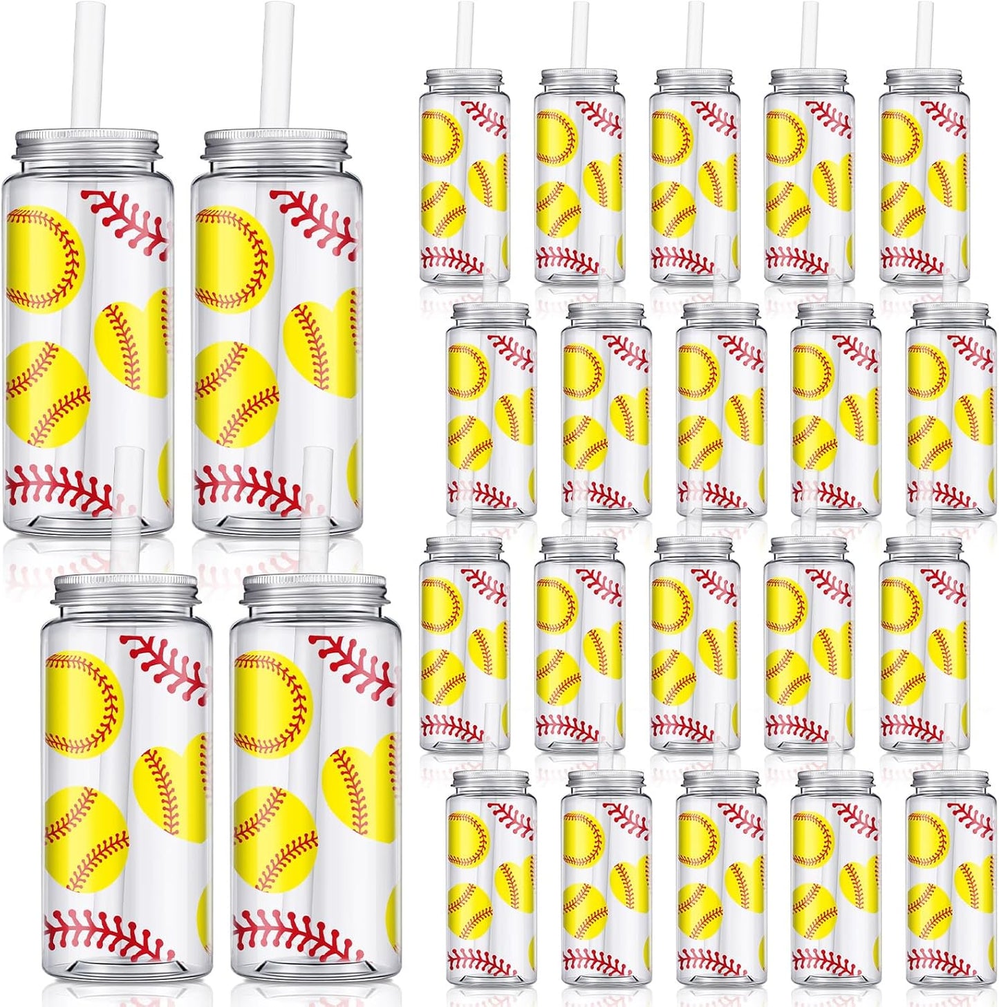24 Pack 14.2 oz Softball Plastic Cups with Lid and Straw
