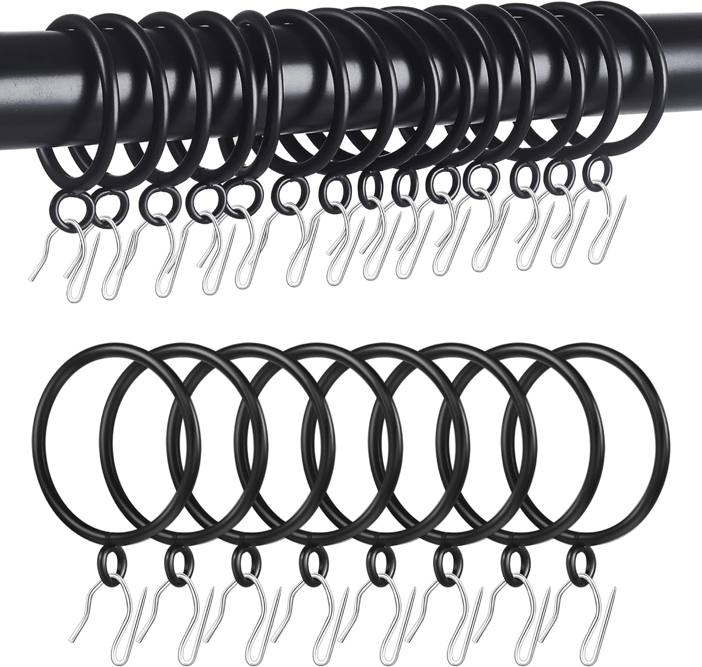 Rustproof Curtain Rings Set, Heavy Duty Metal, Fits 1.5 Rods, Black
