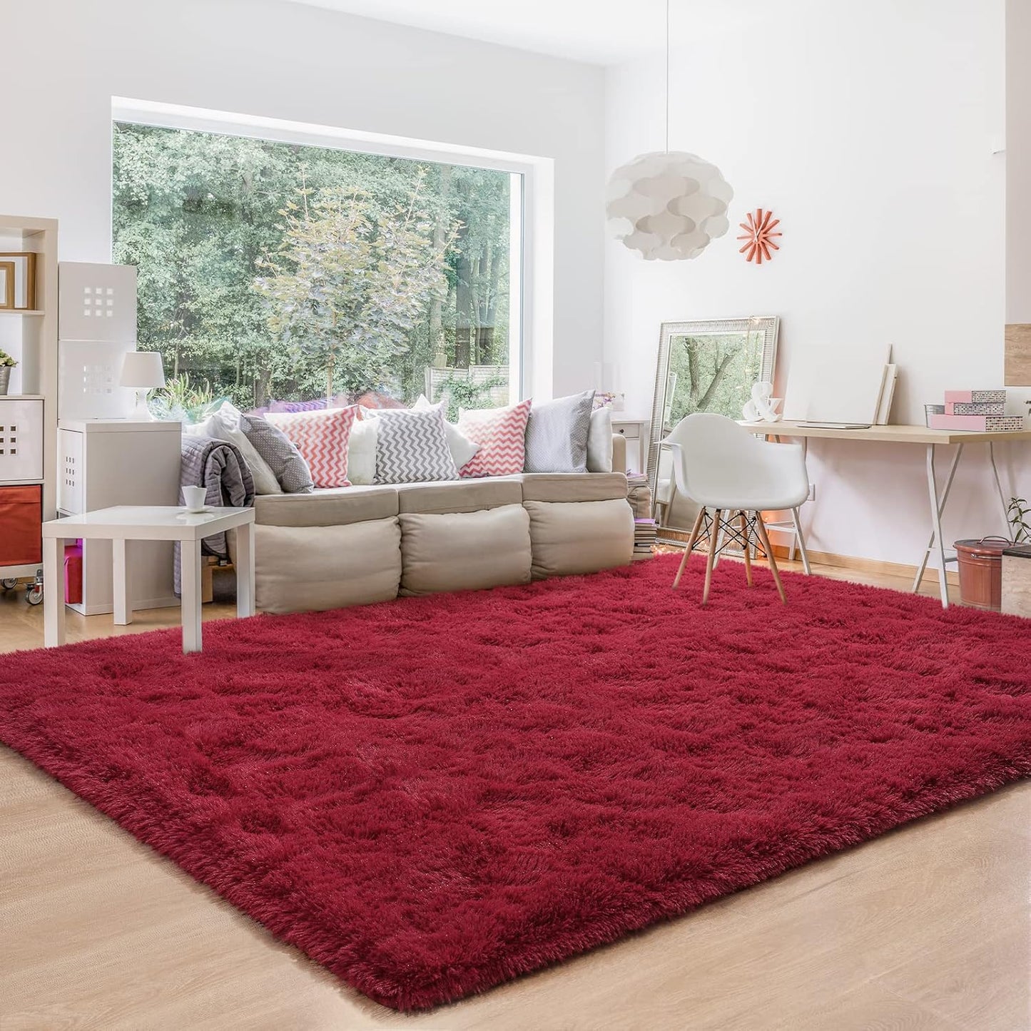 BENRON Fluffy Rugs for Living Room 5x8 Wine Red, Soft & Washable