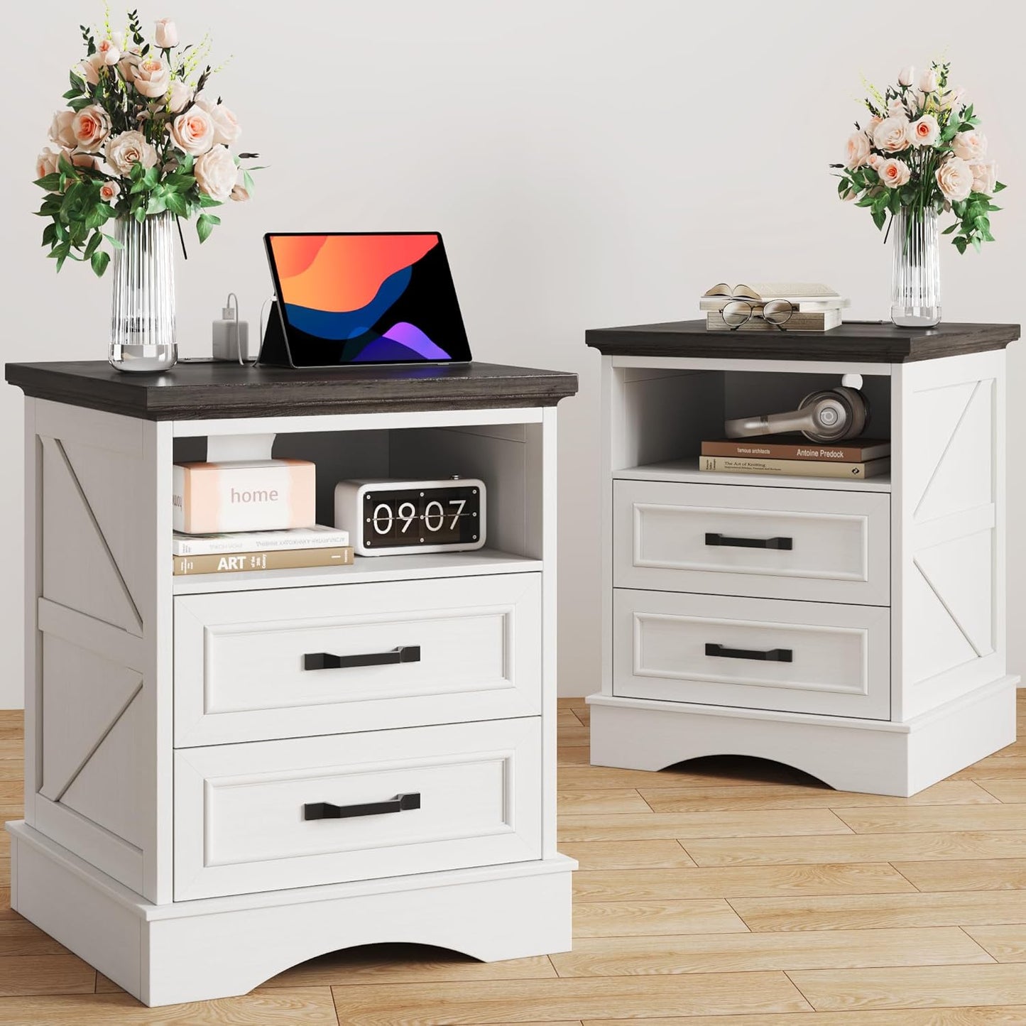 24 Tall Farmhouse Nightstands Set of 2 with Charging Station