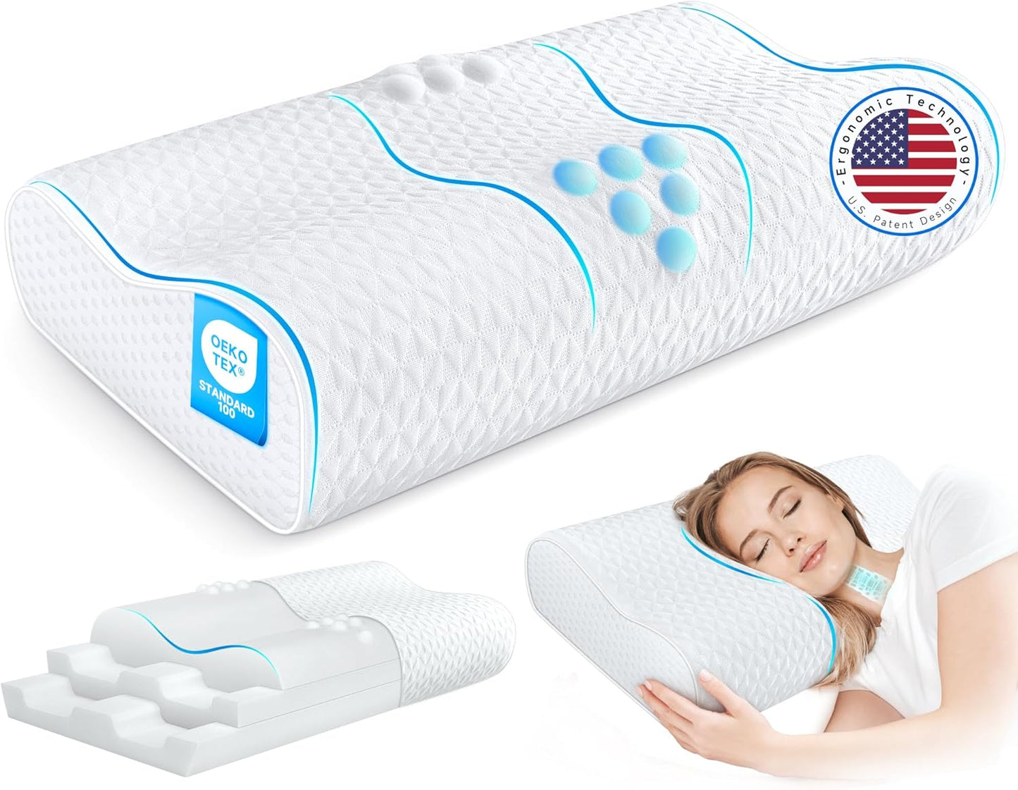 Cervical Pillow for Neck Pain Relief - Adjustable Memory Foam