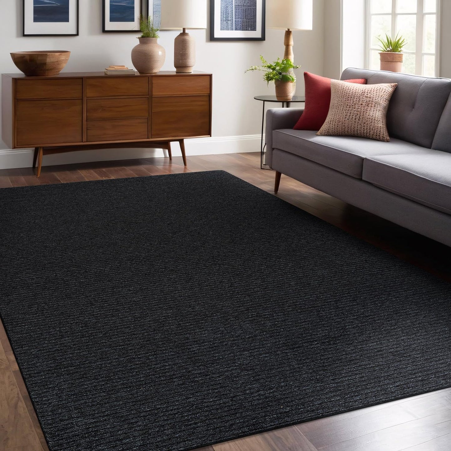 Non Slip Dark Gray Solid Rubber Back Rug for Living Room 4x6