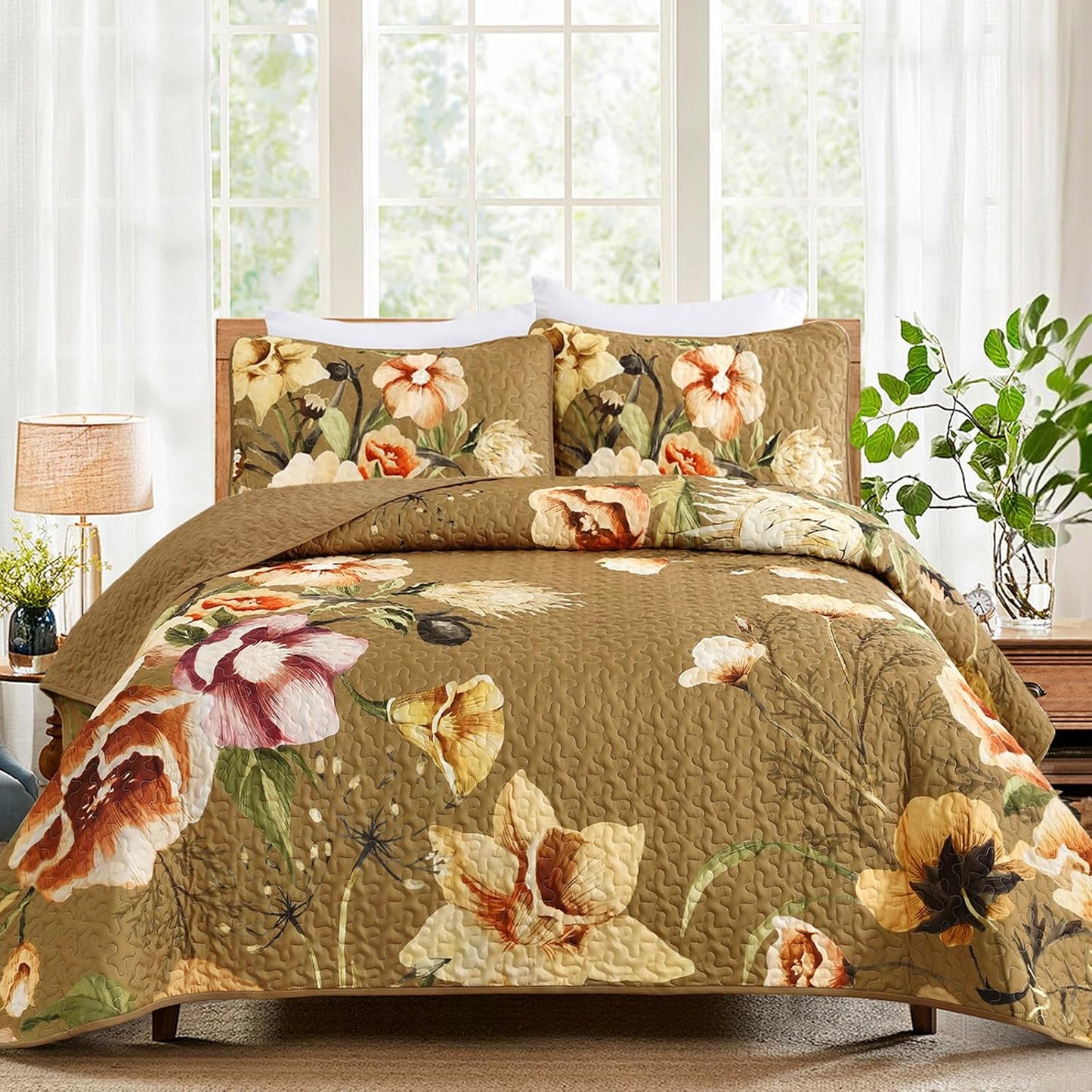 Brown Floral Quilt Set King Size for All Seasons Comfort