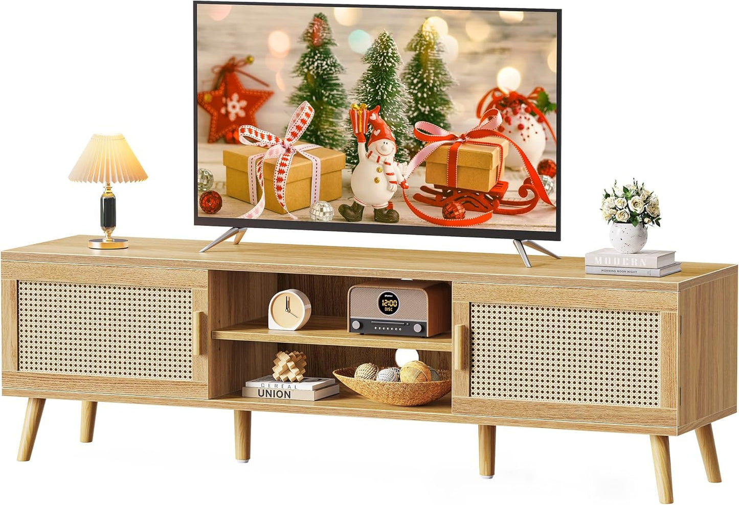 Boho TV Stand for 75 Inch TV with Rattan Design and Storage