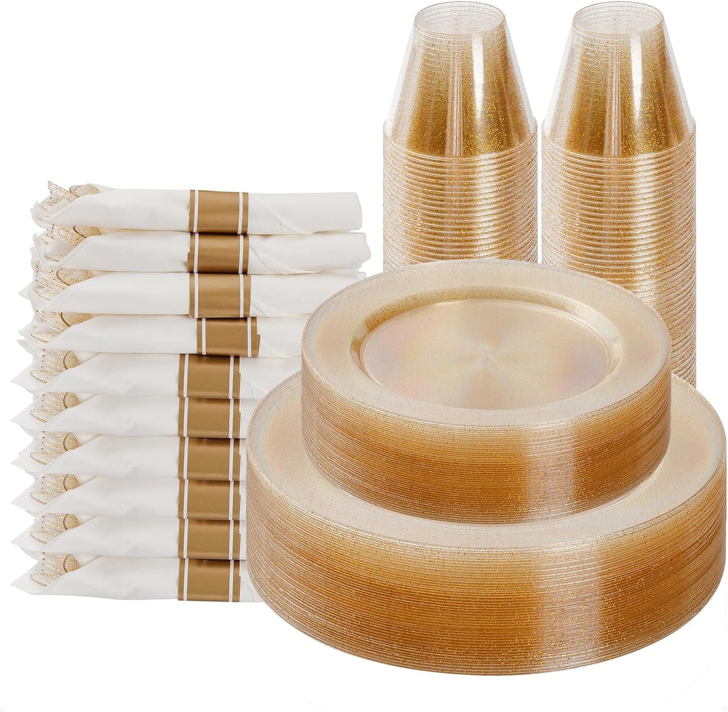 Gold Glitter Plastic Dinnerware Set for 25 Guests by Goodluck