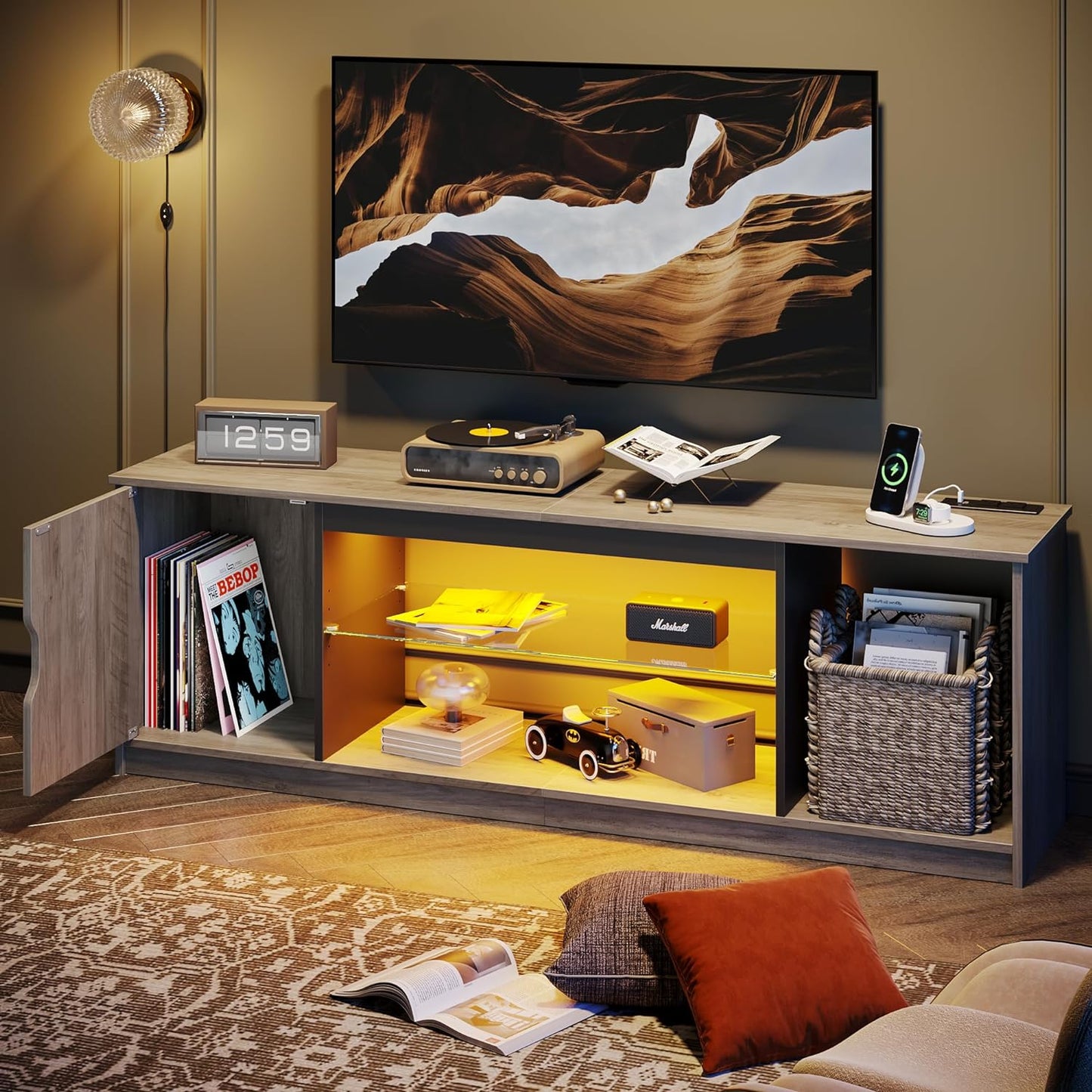 Modern Grey TV Stand with Power Outlets