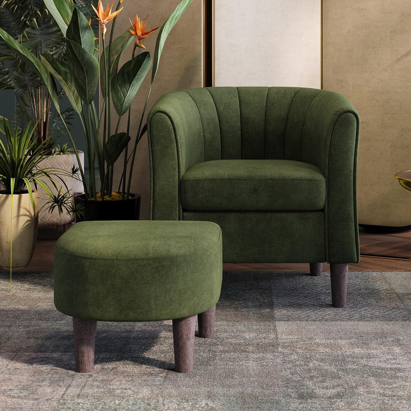 LINSY Modern Barrel Chair with Ottoman, Comfy Reading Set