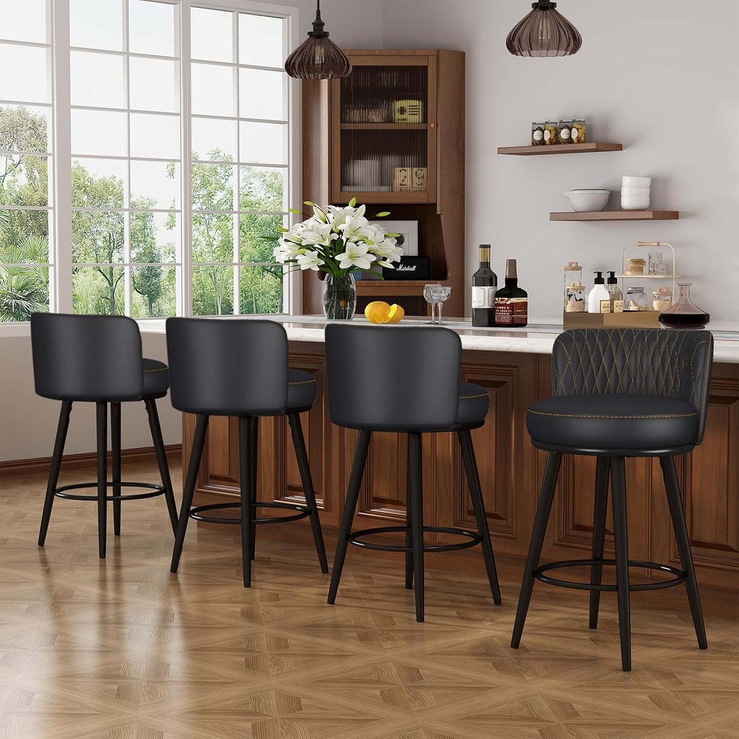 Bar Stools Set of 4, 27 Inch Leather Farmhouse Counter Stools