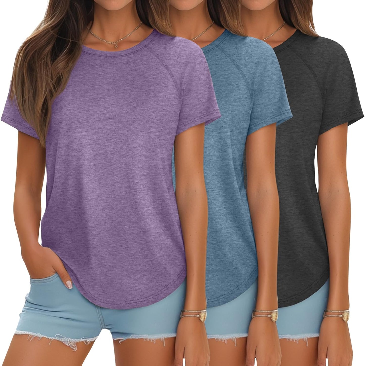 Ficerd 3 Pcs Women Short Sleeve Shirts for Summer Style