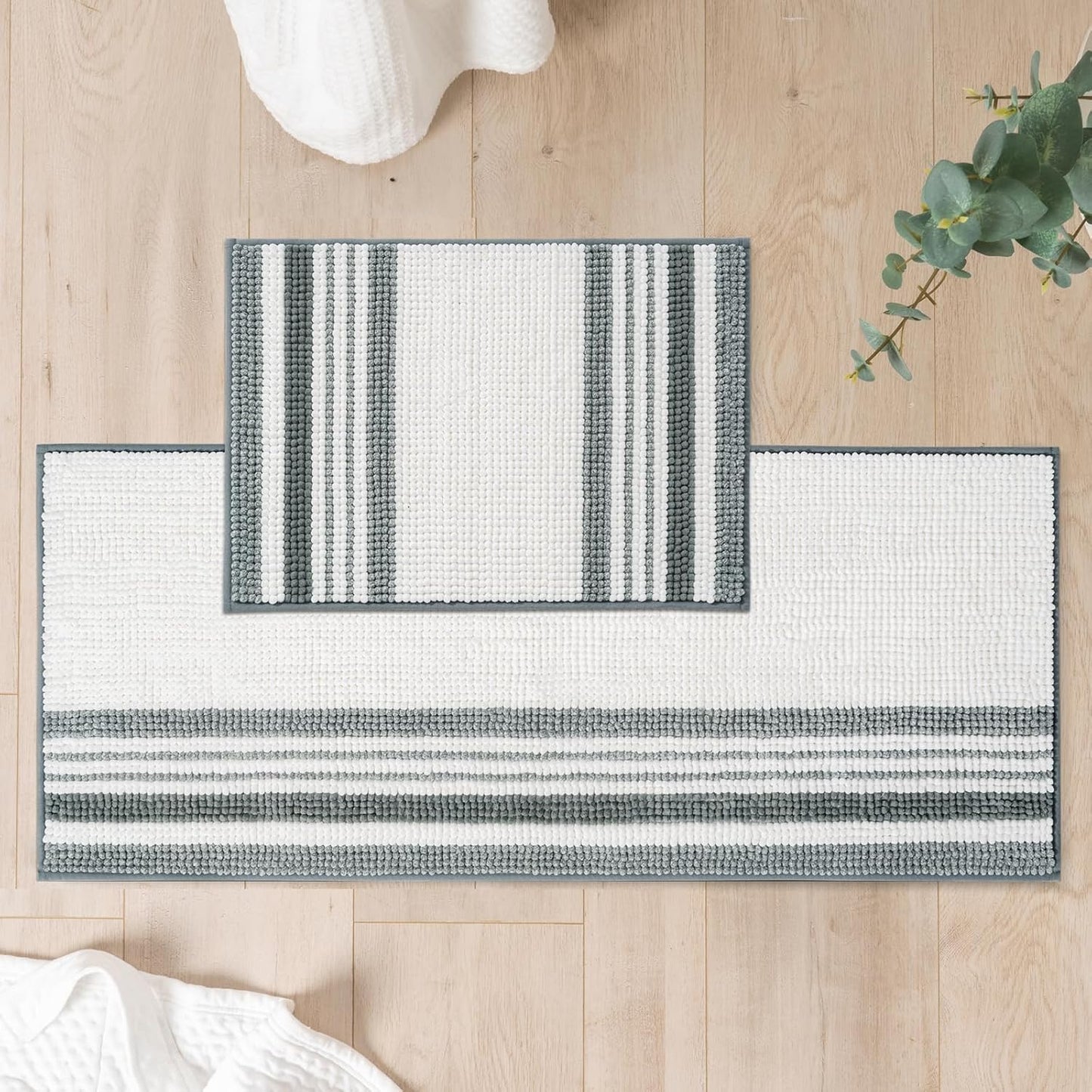 FRESHMINT Stripe Chenille Bathroom Rugs Set for Elegant Decor