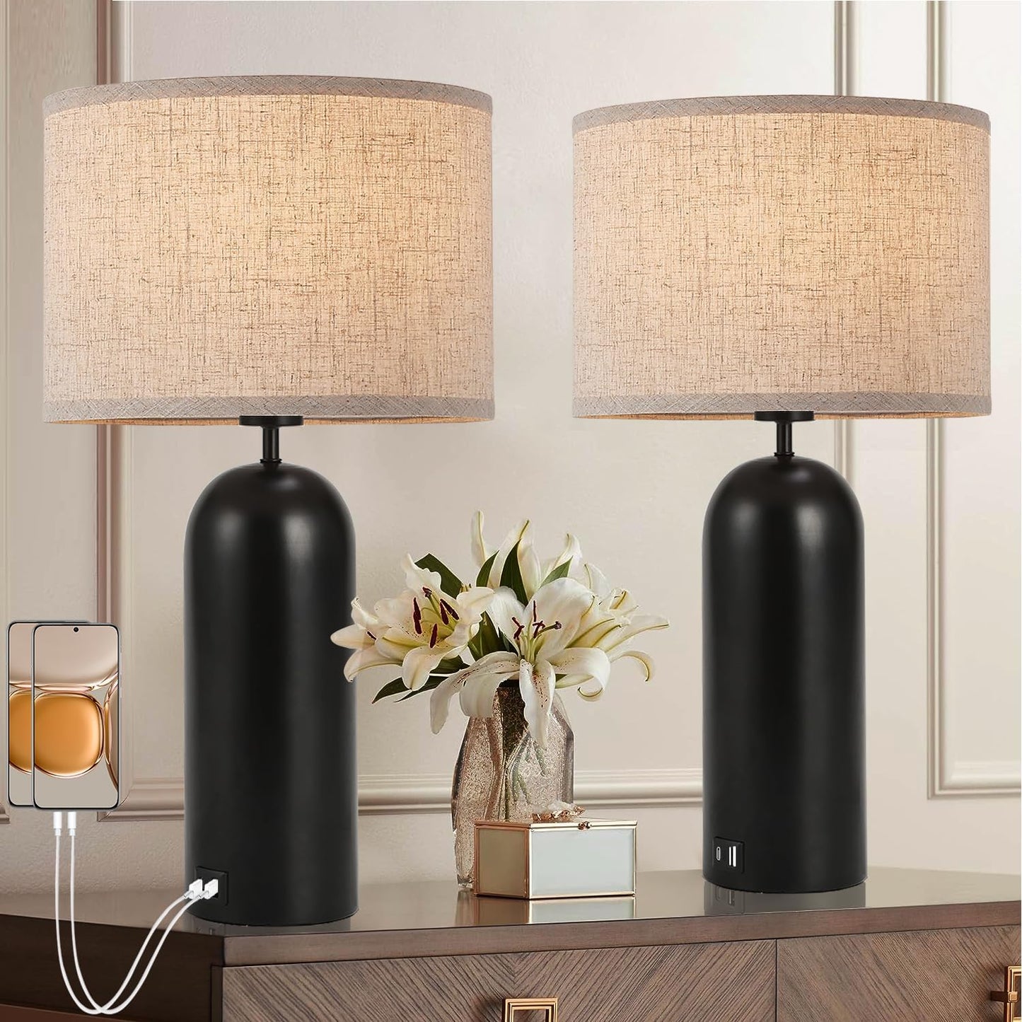 Touch Control Table Lamps Set of 2 with USB Ports for Bedrooms