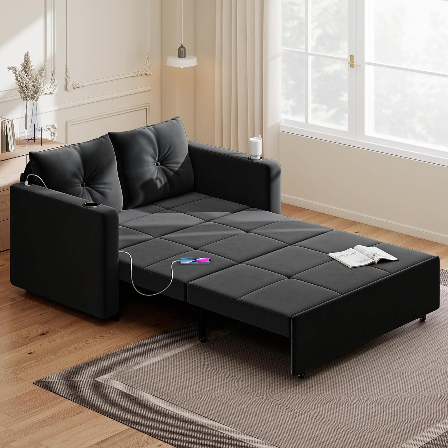 3 in 1 Pull Out Couch, 56 Inch Velvet Sofa Bed for Small Spaces