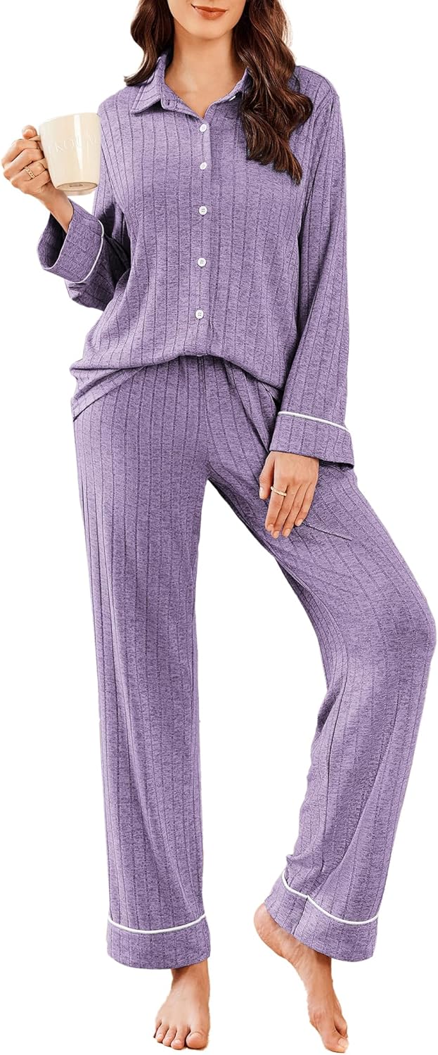 Ekouaer Womens Pajama Sets Long Sleeve Ribbed Knit Lounge Set