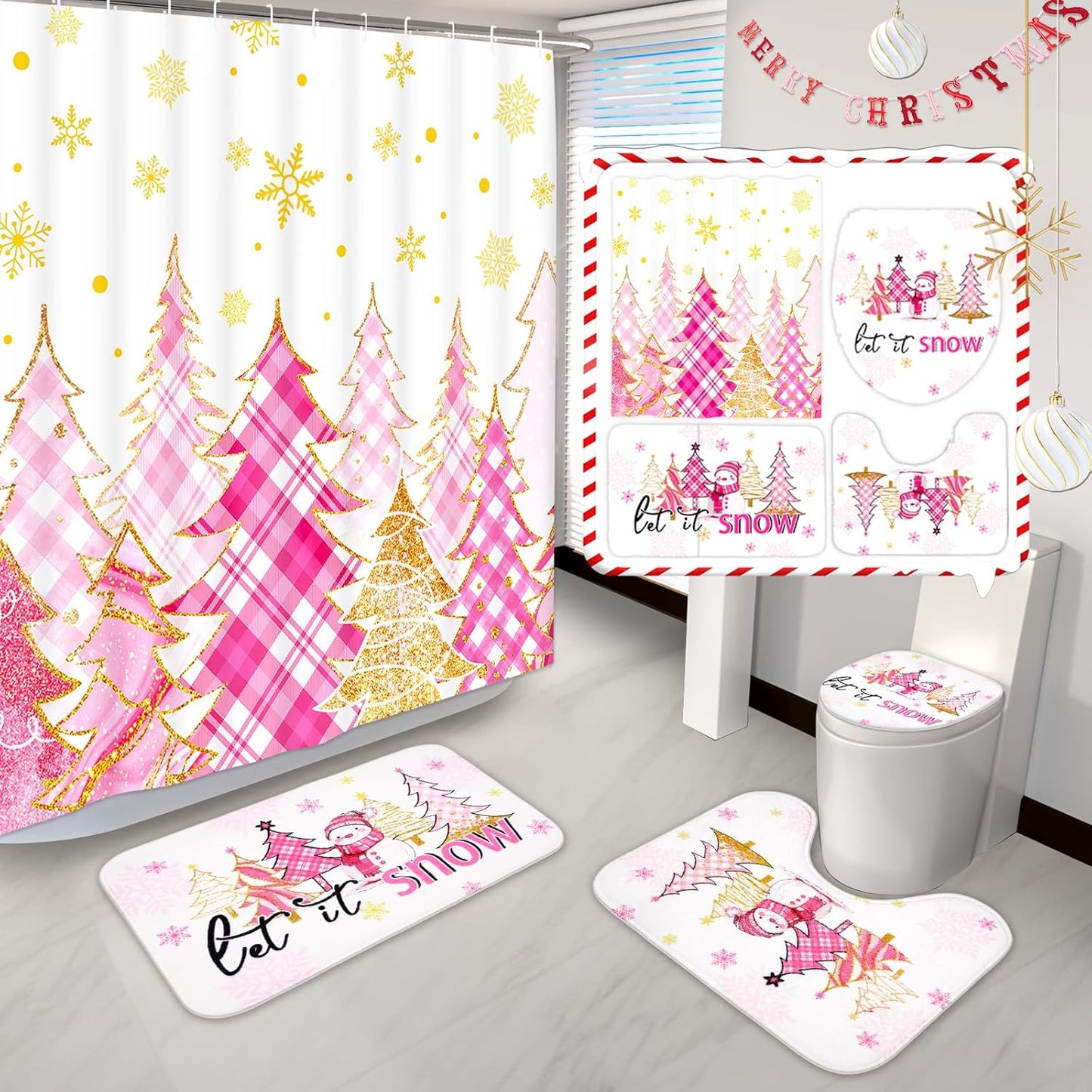 Likiyol Pink Christmas Shower Set with Non-Slip Rugs - Let it Snow Bathroom Decor