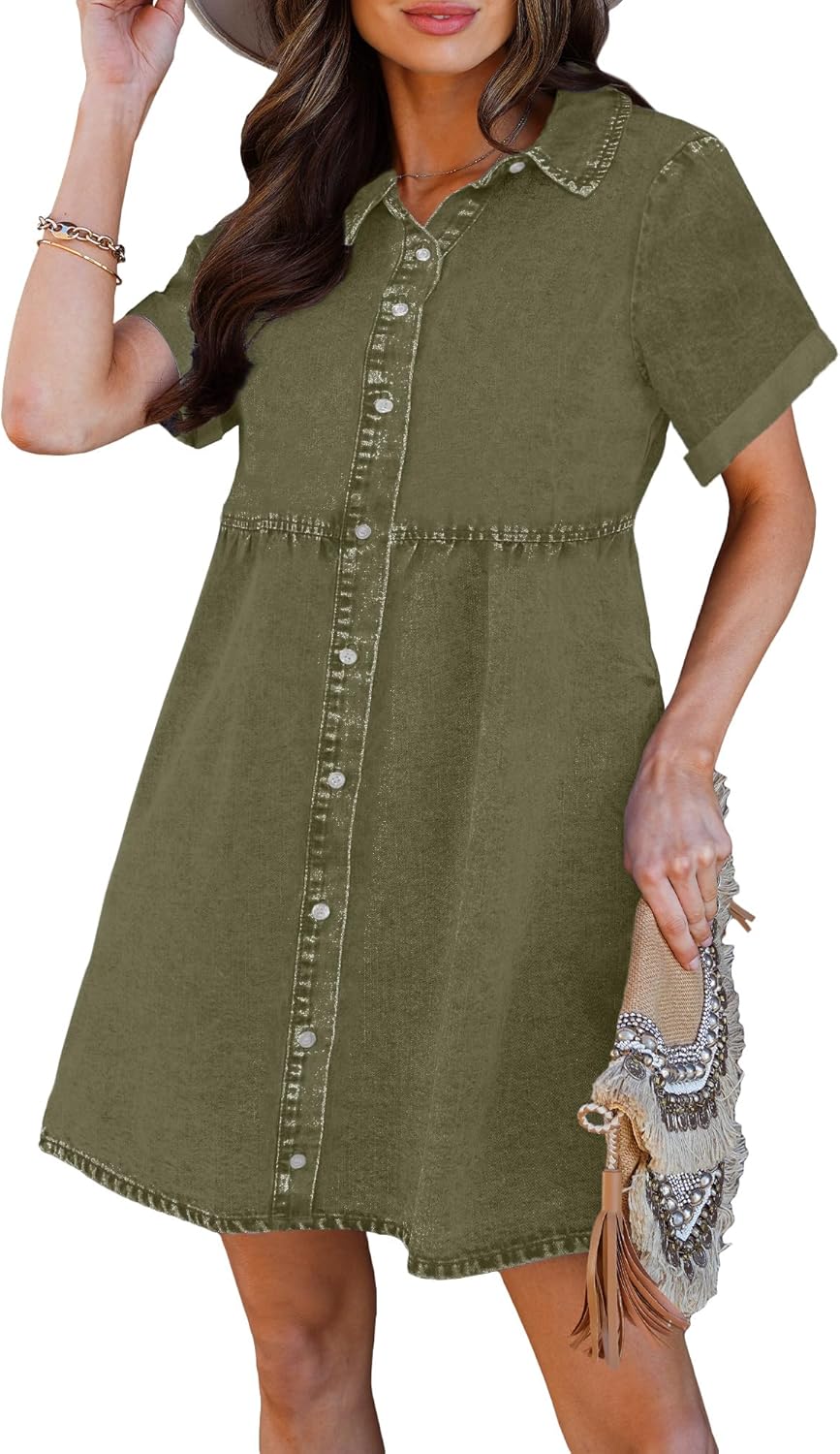 Luvamia Women's Casual Short Sleeve Denim Babydoll Dress