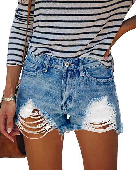 HOCAIES Women's High Waisted Jean Shorts with Frayed Hem