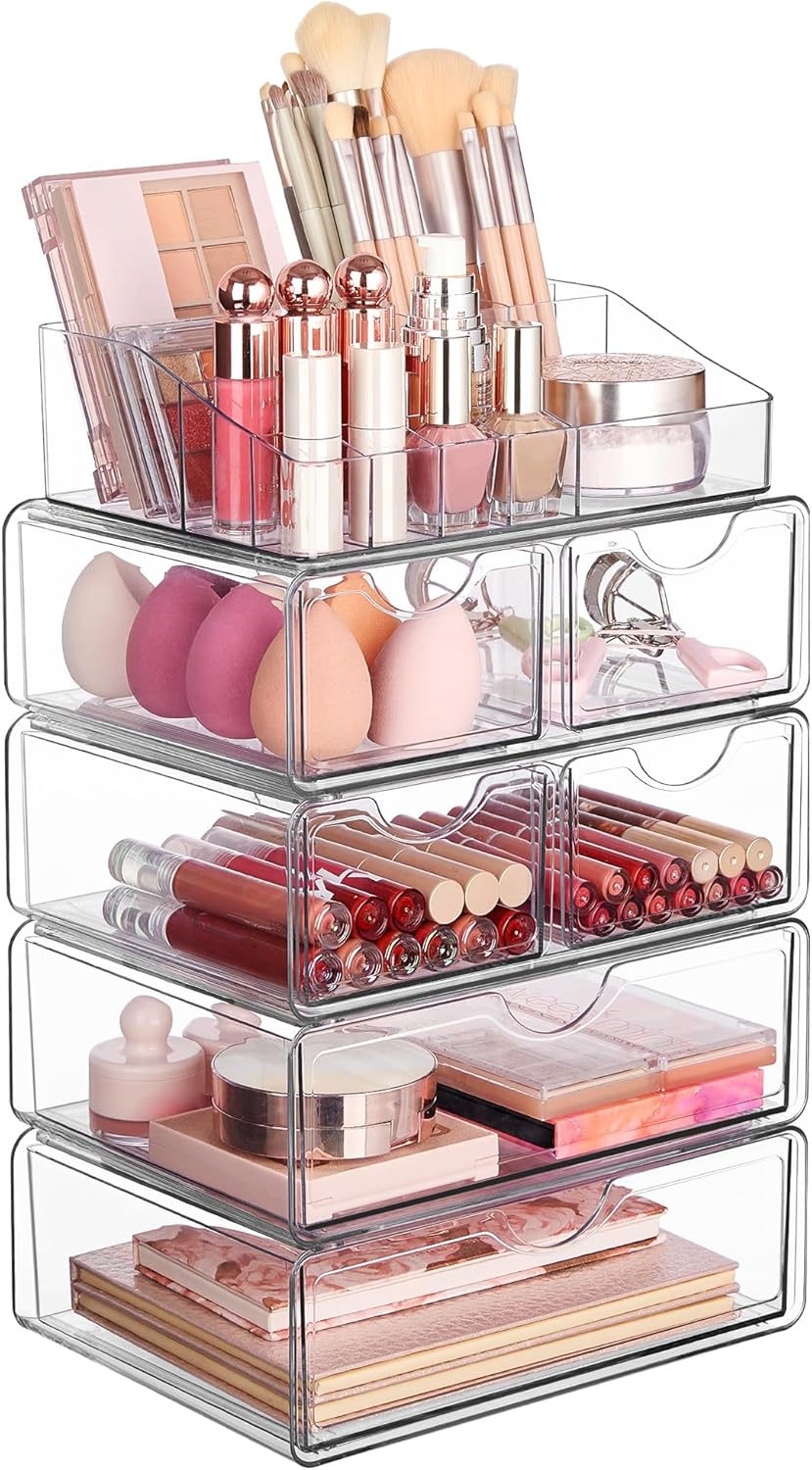 Vtopmart 5 Tier Clear Makeup Organizer with Drawer for Beauty