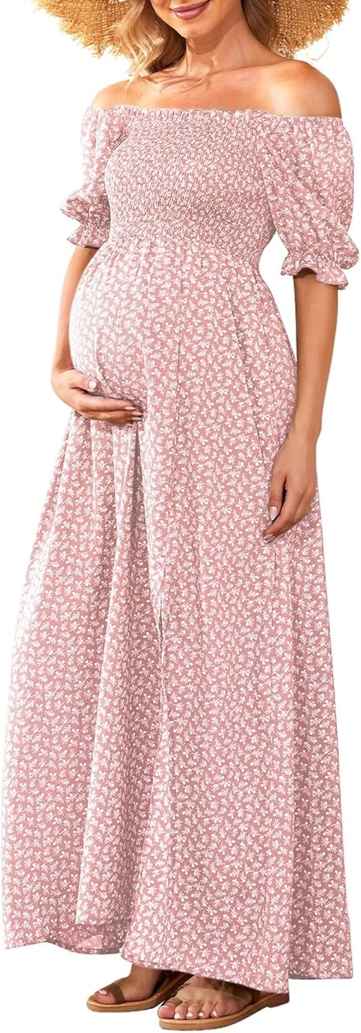 Floral Maternity Dress with Puff Sleeves for Baby Showers