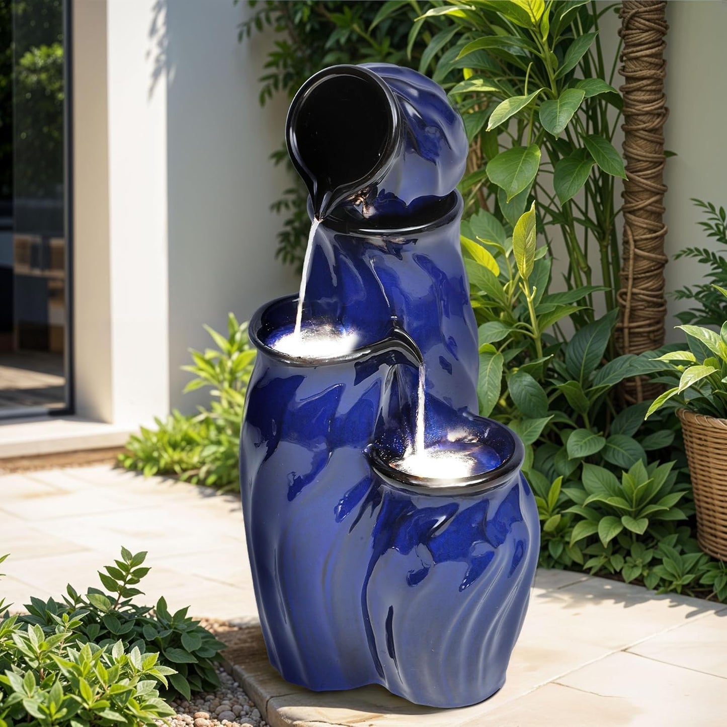 29 Tall Ceramic Water Fountain Outdoor with LED Lights for Serenity