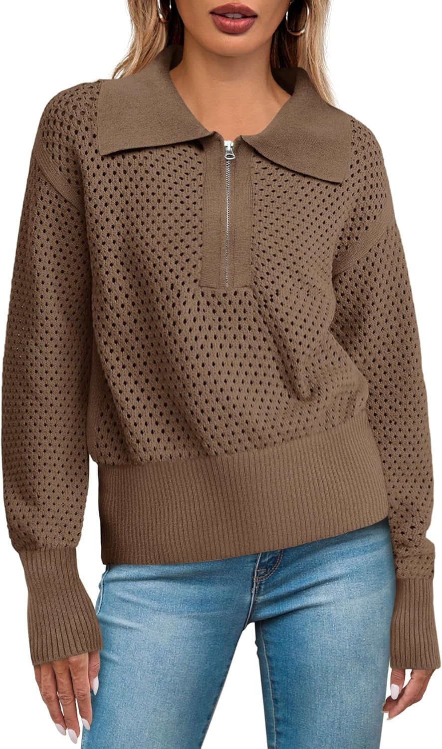 Women's Half Zip Pullover Sweater with Crochet Lapel Collar